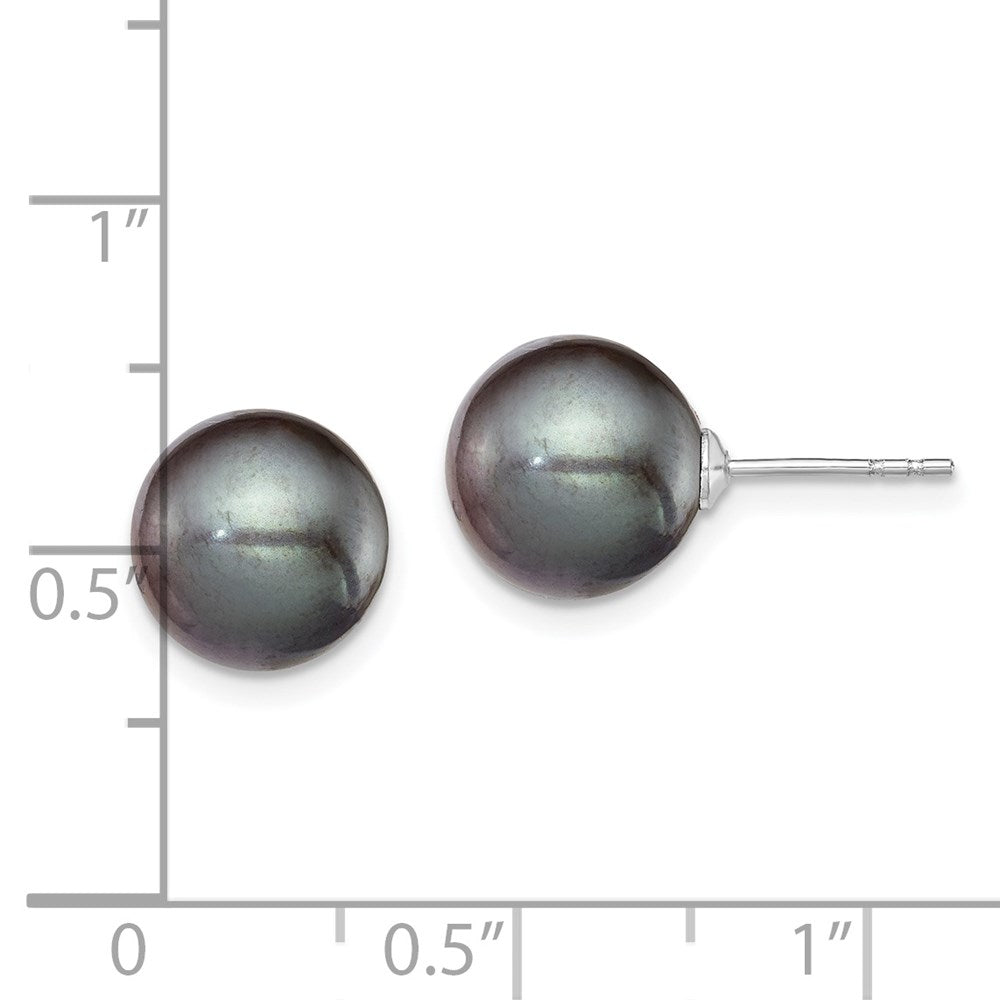 QE12705 Sterling Silver Rhodium-plated 9-10mm Black Round Freshwater Cultured Pearl Post Earring