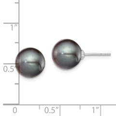 QE12705 Sterling Silver Rhodium-plated 9-10mm Black Round Freshwater Cultured Pearl Post Earring