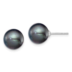 QE12705 Sterling Silver Rhodium-plated 9-10mm Black Round Freshwater Cultured Pearl Post Earring