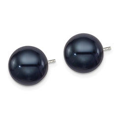 QE12706 Sterling Silver Rhodium-plated 10-11mm Black Round Freshwater Cultured Pearl Post Earrings