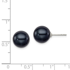 QE12706 Sterling Silver Rhodium-plated 10-11mm Black Round Freshwater Cultured Pearl Post Earrings