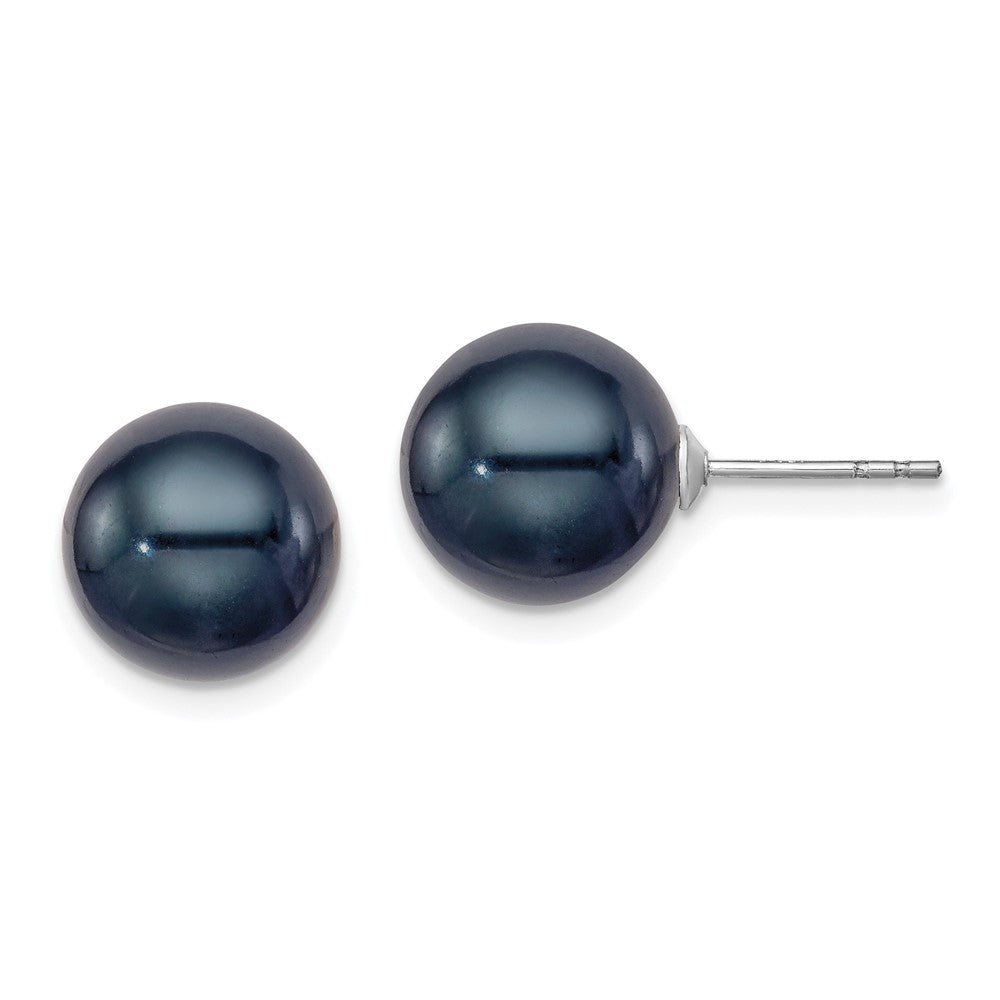 QE12706 Sterling Silver Rhodium-plated 10-11mm Black Round Freshwater Cultured Pearl Post Earrings