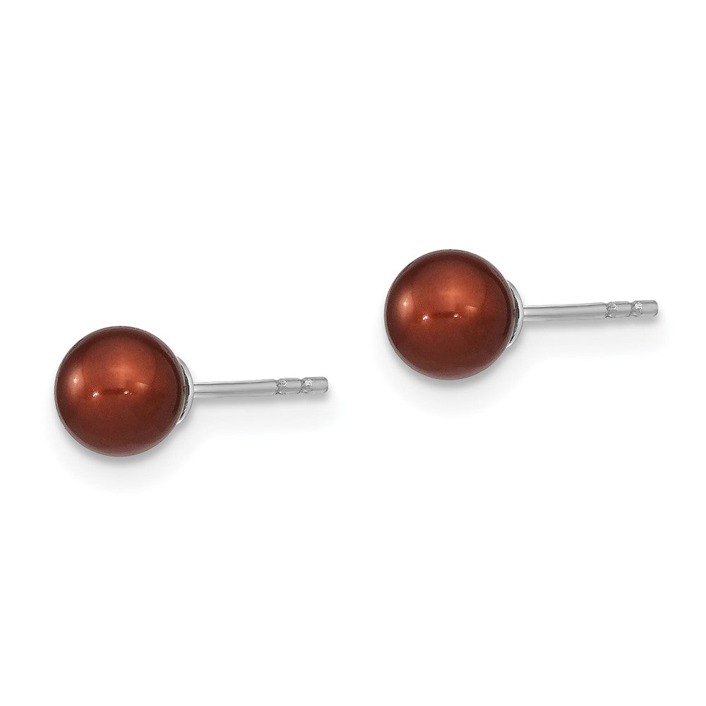 QE12708 Sterling Silver Rhodium-plated 5-6mm Brown Round Freshwater Cultured Pearl Post Earring