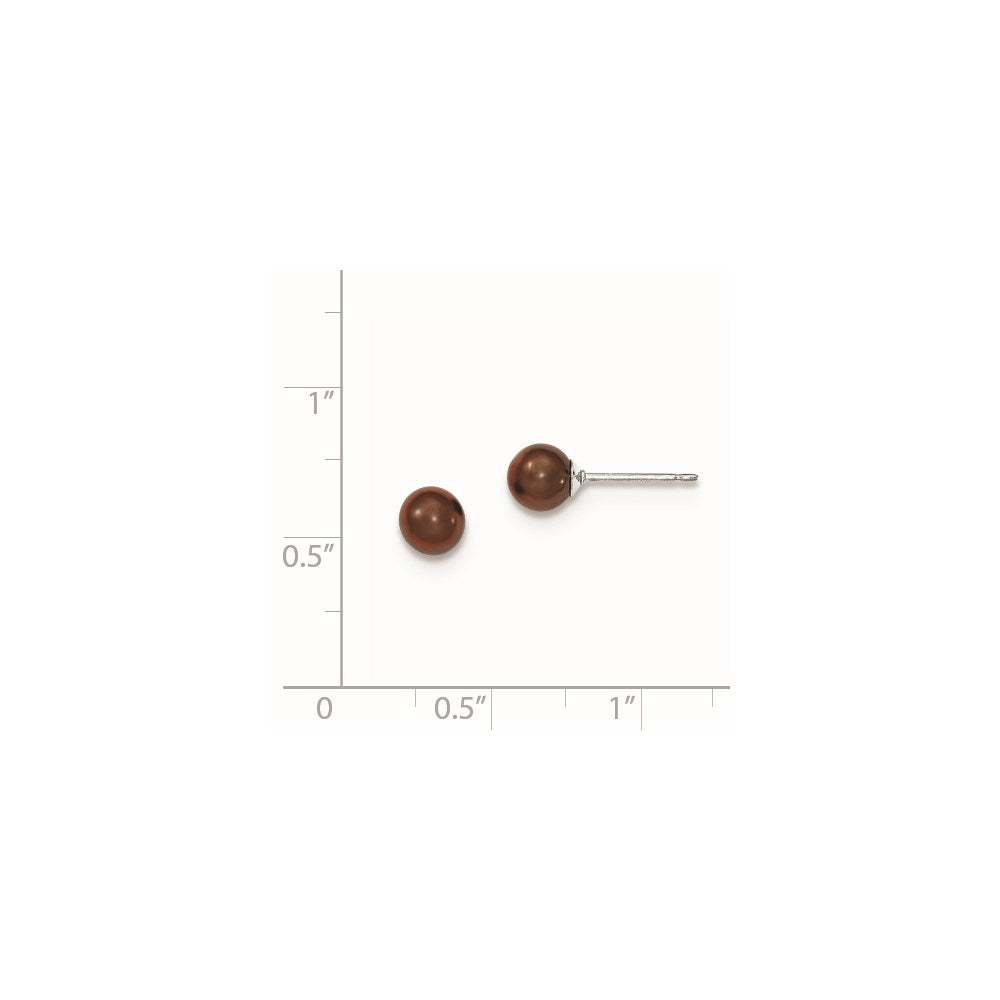 QE12708 Sterling Silver Rhodium-plated 5-6mm Brown Round Freshwater Cultured Pearl Post Earring