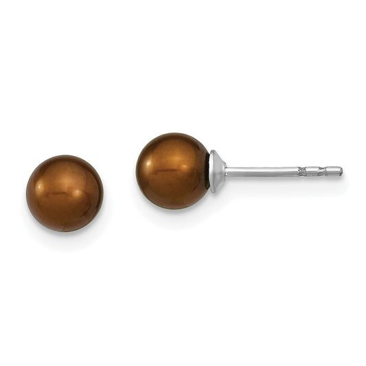 QE12708 Sterling Silver Rhodium-plated 5-6mm Brown Round Freshwater Cultured Pearl Post Earring