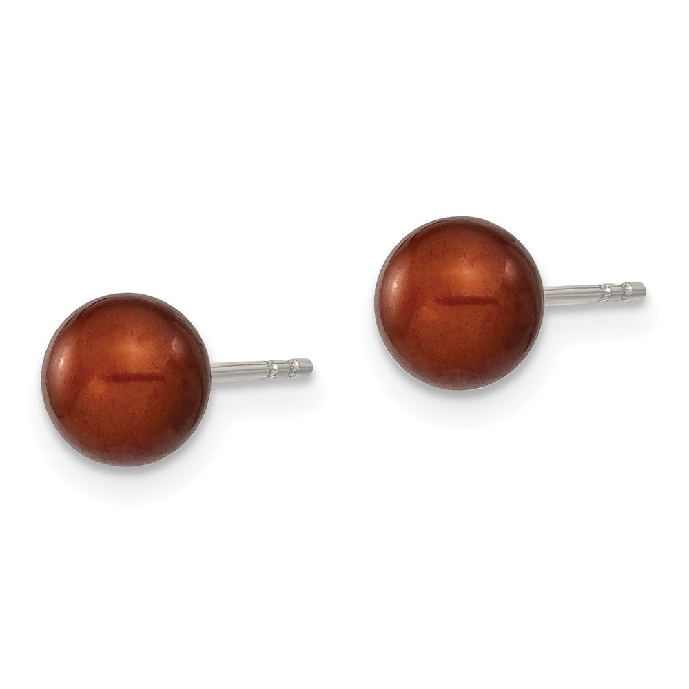 QE12709 Sterling Silver Rhodium-plated 6-7mm Brown Round Freshwater Cultured Pearl Post Earring
