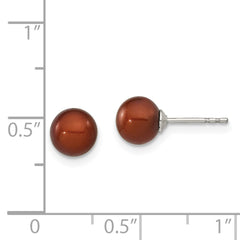 QE12709 Sterling Silver Rhodium-plated 6-7mm Brown Round Freshwater Cultured Pearl Post Earring