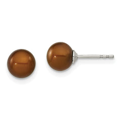 QE12709 Sterling Silver Rhodium-plated 6-7mm Brown Round Freshwater Cultured Pearl Post Earring