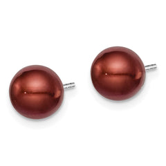 QE12710 Sterling Silver Rhodium-plated 7-8mm Brown Round Freshwater Cultured Pearl Post Earring