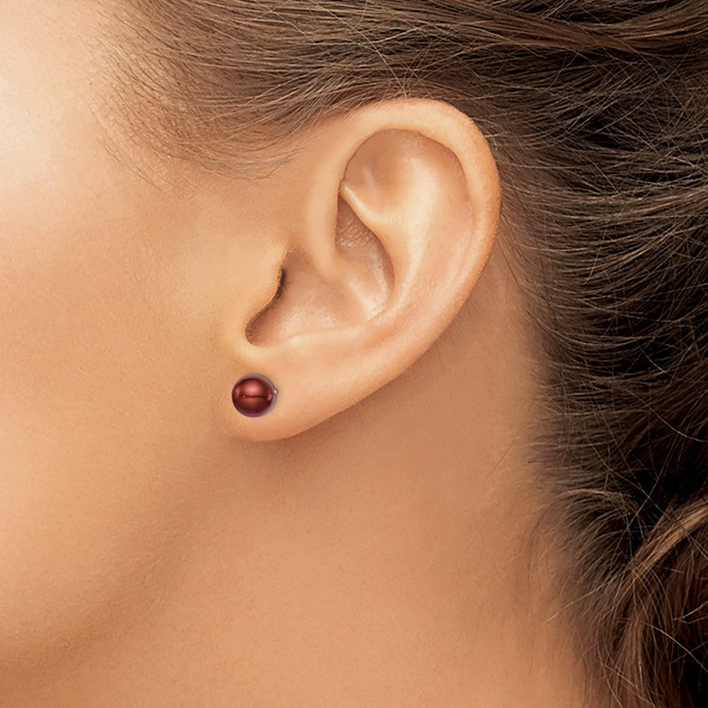 QE12710 Sterling Silver Rhodium-plated 7-8mm Brown Round Freshwater Cultured Pearl Post Earring