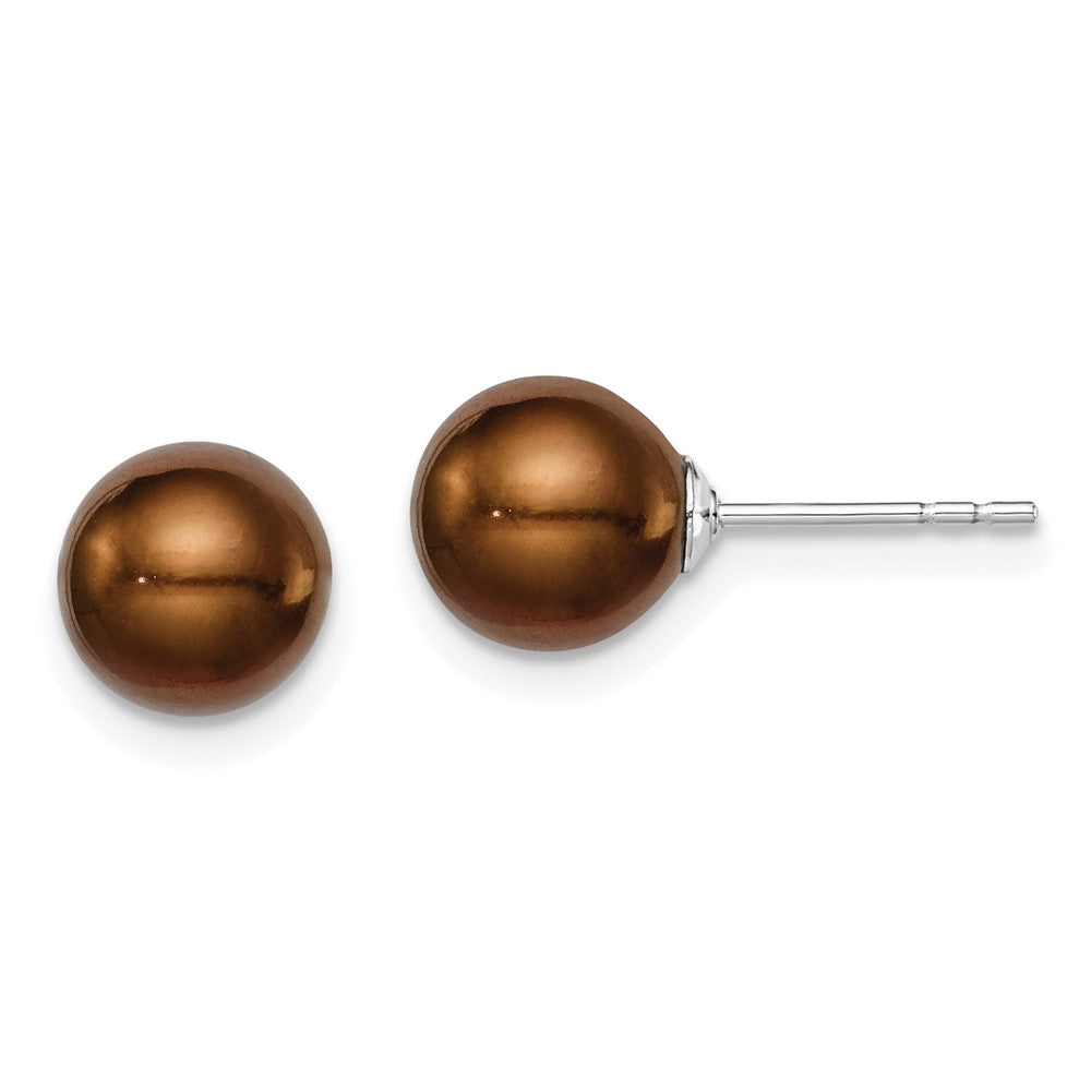 QE12710 Sterling Silver Rhodium-plated 7-8mm Brown Round Freshwater Cultured Pearl Post Earring