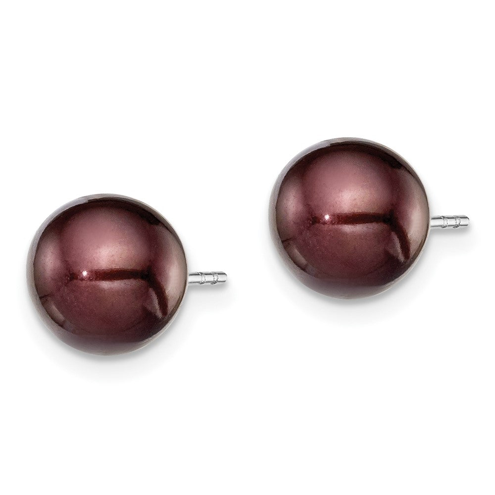 QE12711 Sterling Silver Rhodium-plated 8-9mm Brown Round Freshwater Cultured Pearl Post Earring