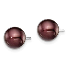QE12711 Sterling Silver Rhodium-plated 8-9mm Brown Round Freshwater Cultured Pearl Post Earring