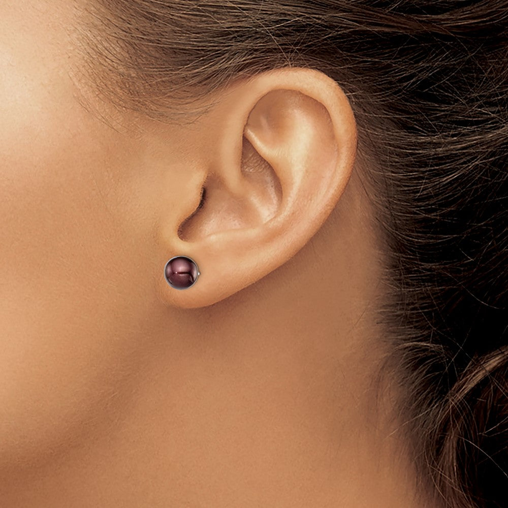 QE12711 Sterling Silver Rhodium-plated 8-9mm Brown Round Freshwater Cultured Pearl Post Earring