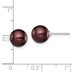 QE12711 Sterling Silver Rhodium-plated 8-9mm Brown Round Freshwater Cultured Pearl Post Earring