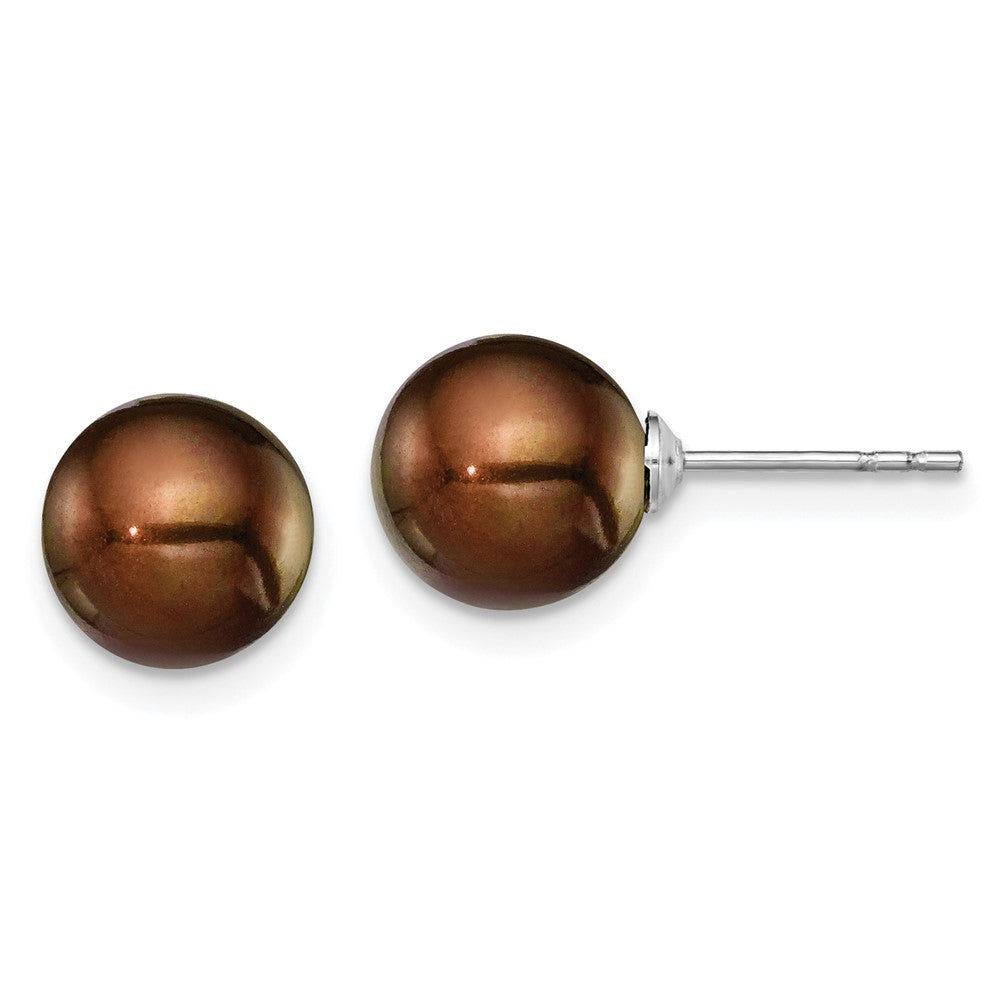 QE12711 Sterling Silver Rhodium-plated 8-9mm Brown Round Freshwater Cultured Pearl Post Earring