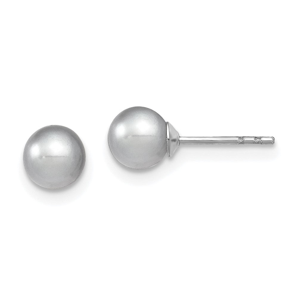 QE12712 Sterling Silver Rhodium-plated 5-6mm Grey Round Freshwater Cultured Pearl Post Earrings