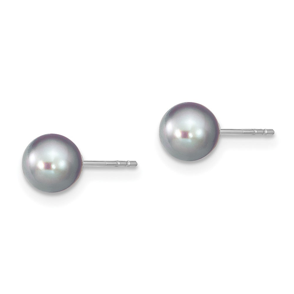 QE12713 Sterling Silver Rhodium-plated 6-7mm Grey Round Freshwater Cultured Pearl Post Earrings