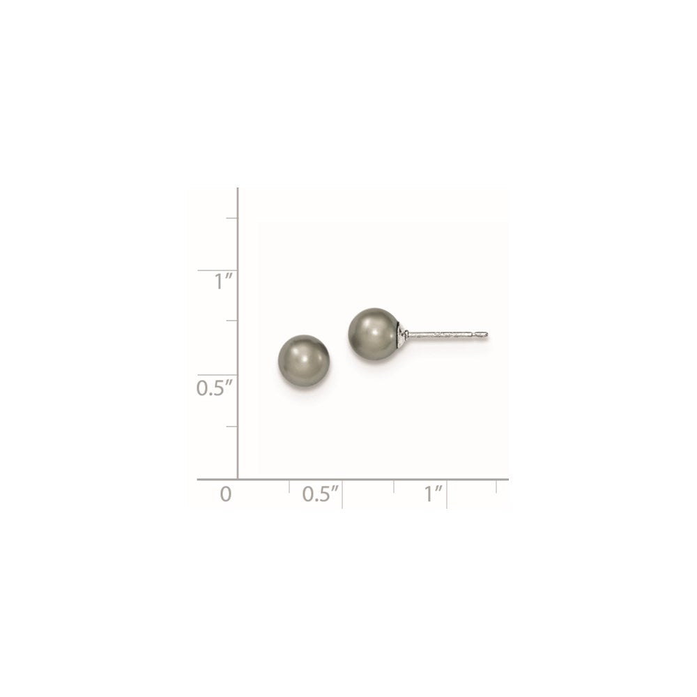 QE12713 Sterling Silver Rhodium-plated 6-7mm Grey Round Freshwater Cultured Pearl Post Earrings
