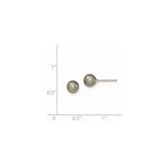 QE12713 Sterling Silver Rhodium-plated 6-7mm Grey Round Freshwater Cultured Pearl Post Earrings