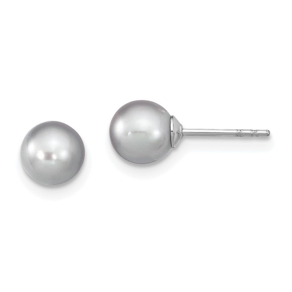 QE12713 Sterling Silver Rhodium-plated 6-7mm Grey Round Freshwater Cultured Pearl Post Earrings