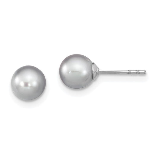 QE12713 Sterling Silver Rhodium-plated 6-7mm Grey Round Freshwater Cultured Pearl Post Earrings
