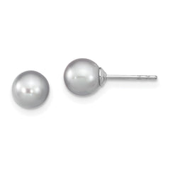 QE12713 Sterling Silver Rhodium-plated 6-7mm Grey Round Freshwater Cultured Pearl Post Earrings