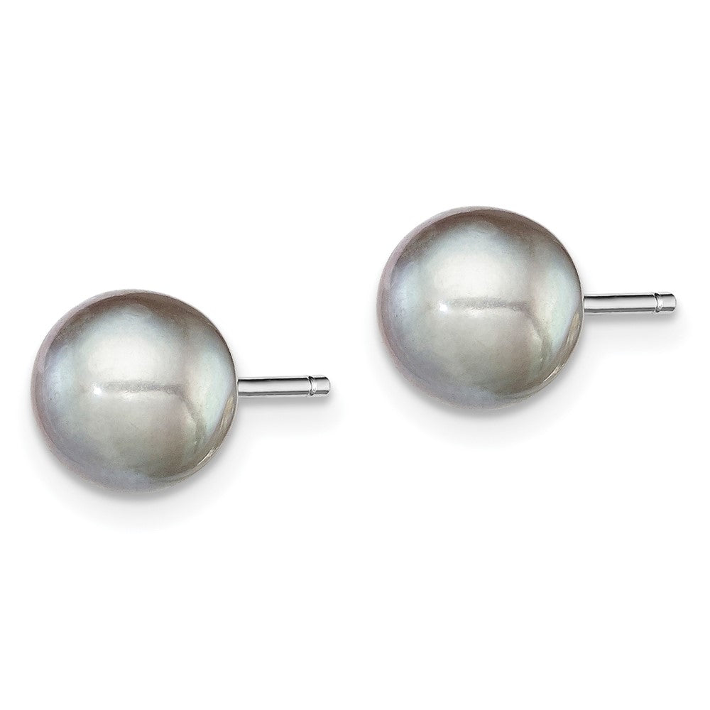QE12714 Sterling Silver Rhodium-plated 7-8mm Grey Round Freshwater Cultured Pearl Post Earrings