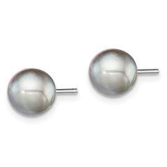 QE12714 Sterling Silver Rhodium-plated 7-8mm Grey Round Freshwater Cultured Pearl Post Earrings