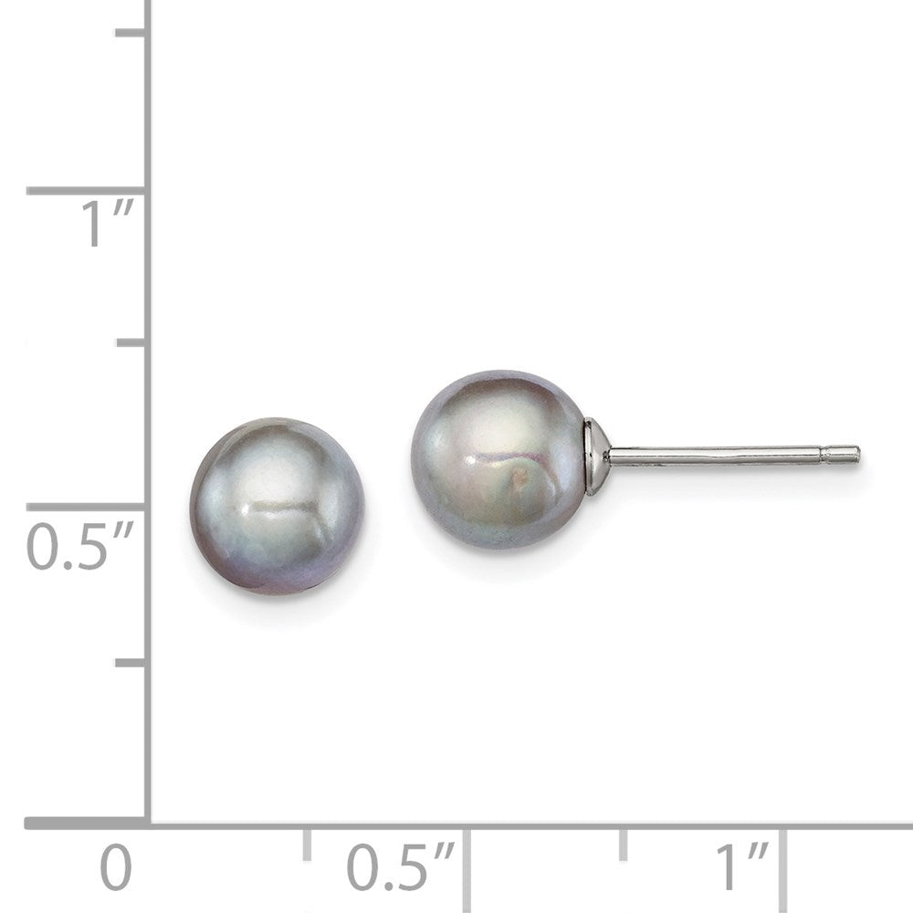 QE12714 Sterling Silver Rhodium-plated 7-8mm Grey Round Freshwater Cultured Pearl Post Earrings