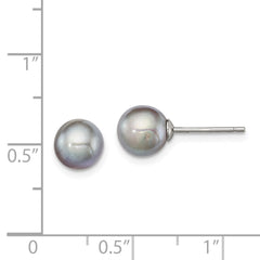 QE12714 Sterling Silver Rhodium-plated 7-8mm Grey Round Freshwater Cultured Pearl Post Earrings