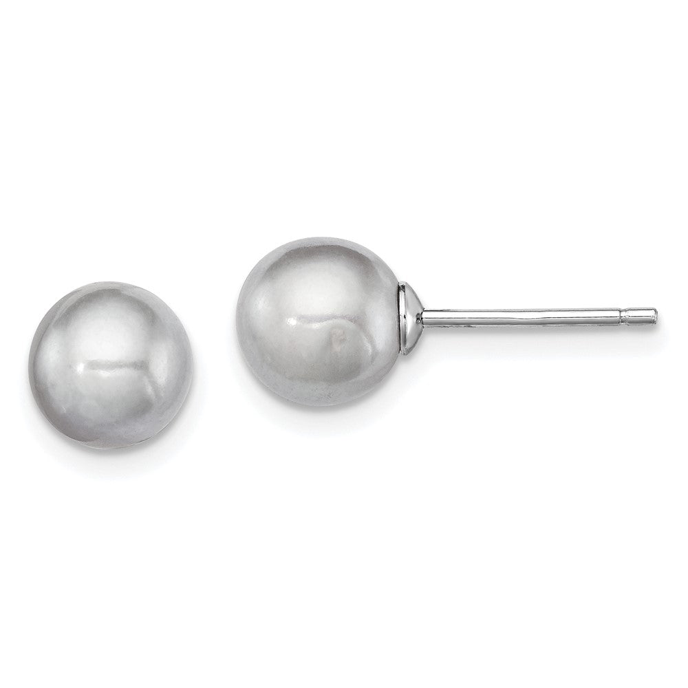 QE12714 Sterling Silver Rhodium-plated 7-8mm Grey Round Freshwater Cultured Pearl Post Earrings