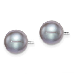 QE12715 Sterling Silver Rhodium-plated 8-9mm Grey Round Freshwater Cultured Pearl Post Earrings