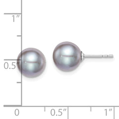 QE12715 Sterling Silver Rhodium-plated 8-9mm Grey Round Freshwater Cultured Pearl Post Earrings
