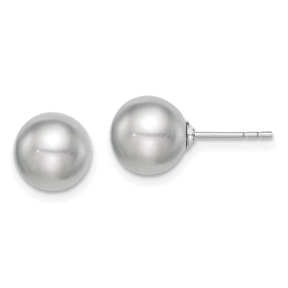 QE12715 Sterling Silver Rhodium-plated 8-9mm Grey Round Freshwater Cultured Pearl Post Earrings