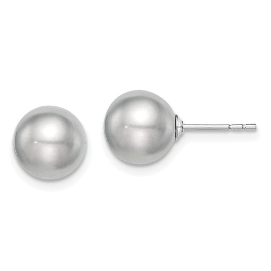 QE12715 Sterling Silver Rhodium-plated 8-9mm Grey Round Freshwater Cultured Pearl Post Earrings