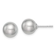 QE12715 Sterling Silver Rhodium-plated 8-9mm Grey Round Freshwater Cultured Pearl Post Earrings