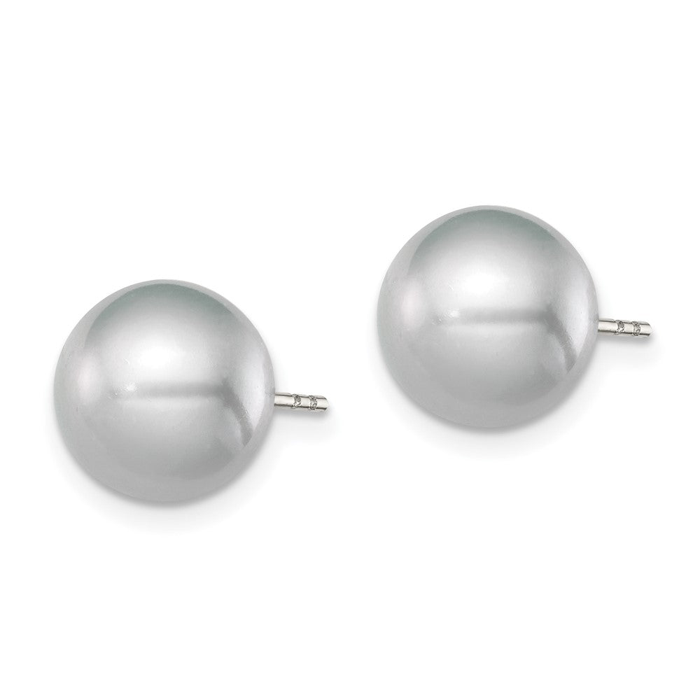 QE12716 Sterling Silver Rhodium-plated 9-10mm Grey Round Freshwater Cultured Pearl Post Earrings