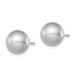 QE12716 Sterling Silver Rhodium-plated 9-10mm Grey Round Freshwater Cultured Pearl Post Earrings