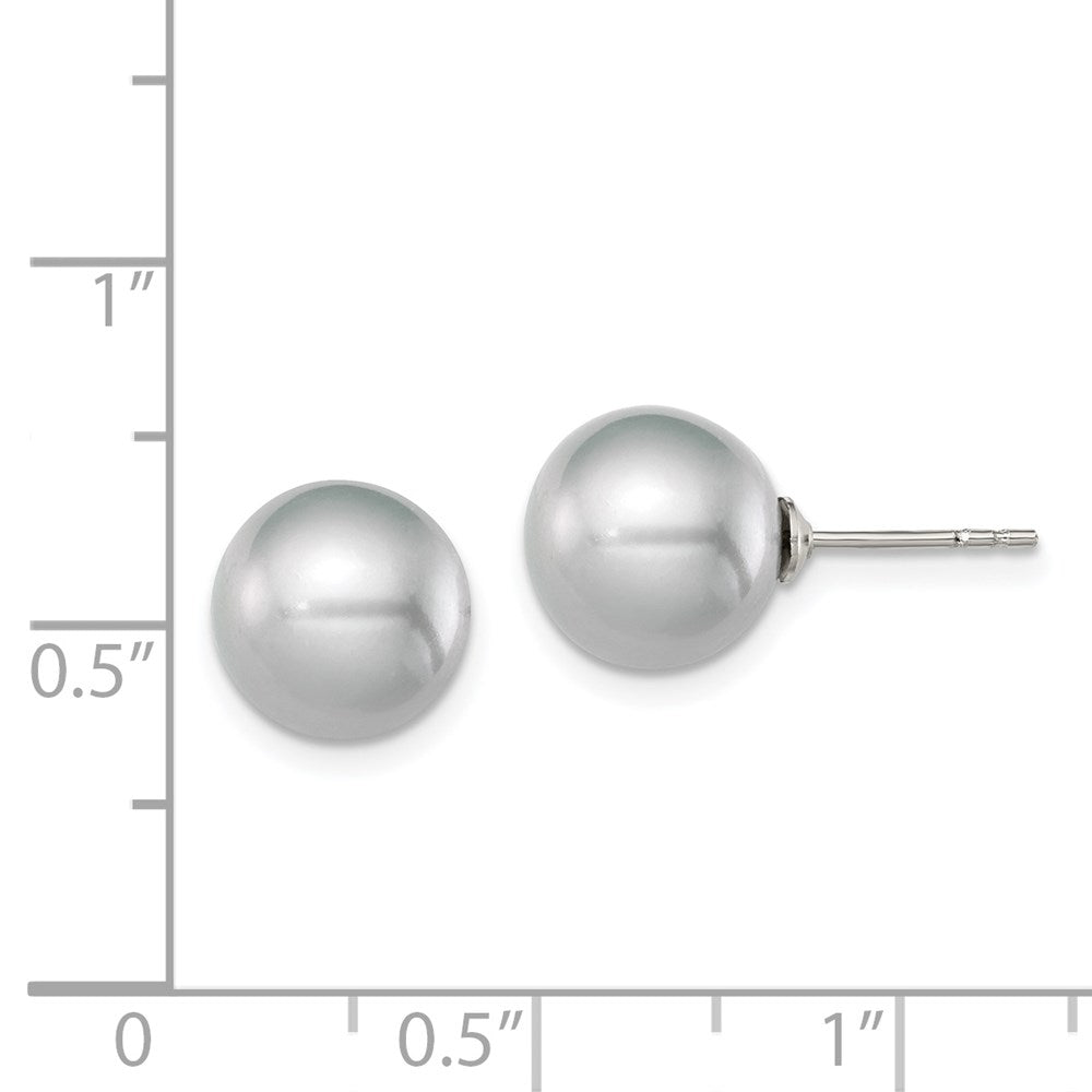 QE12716 Sterling Silver Rhodium-plated 9-10mm Grey Round Freshwater Cultured Pearl Post Earrings
