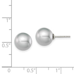 QE12716 Sterling Silver Rhodium-plated 9-10mm Grey Round Freshwater Cultured Pearl Post Earrings