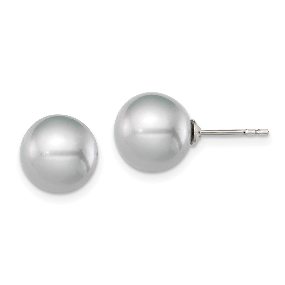 QE12716 Sterling Silver Rhodium-plated 9-10mm Grey Round Freshwater Cultured Pearl Post Earrings