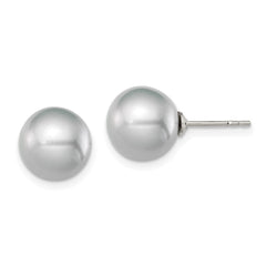 QE12716 Sterling Silver Rhodium-plated 9-10mm Grey Round Freshwater Cultured Pearl Post Earrings