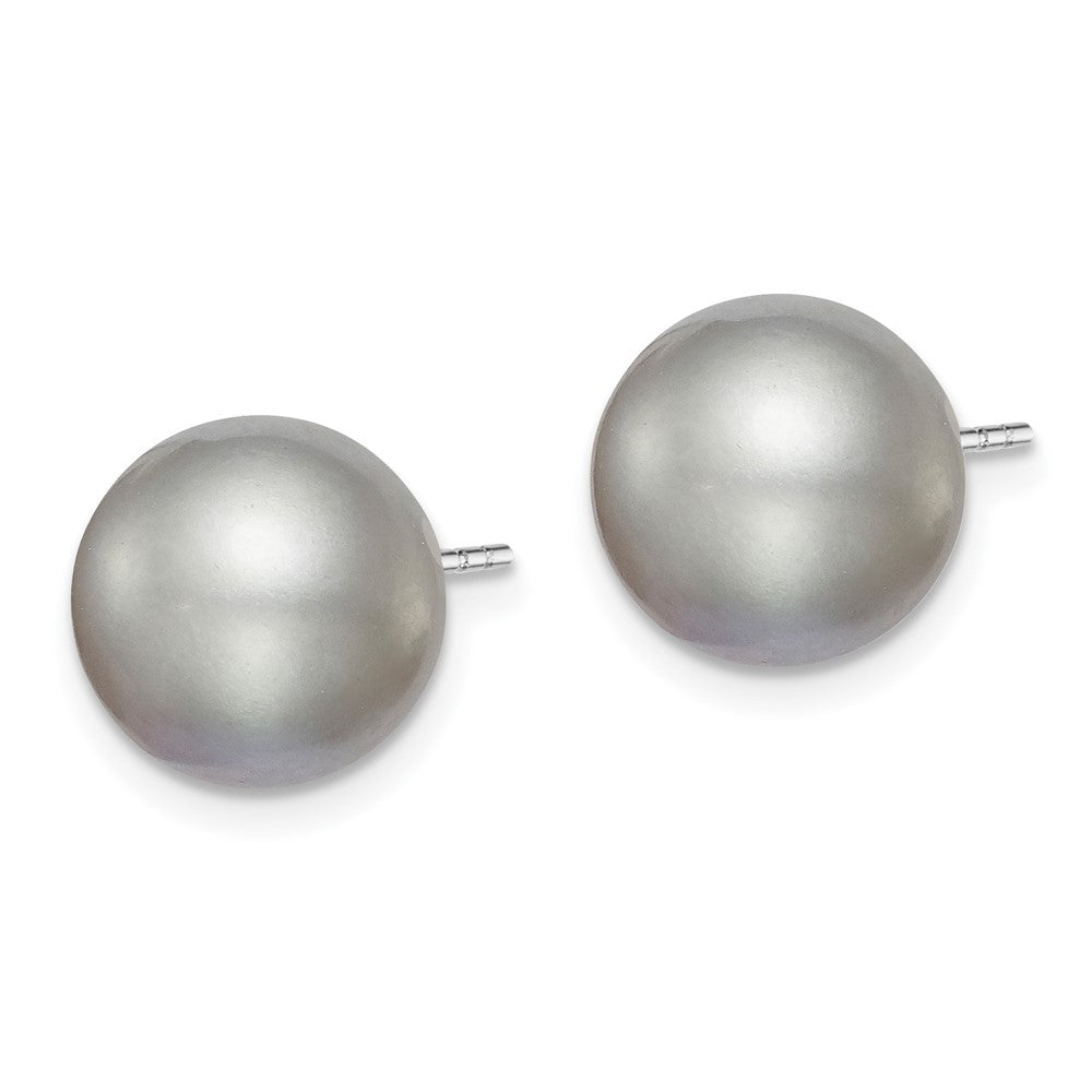 QE12717 Sterling Silver Rhodium-plated 10-11mm Grey Round Freshwater Cultured Pearl Post Earring