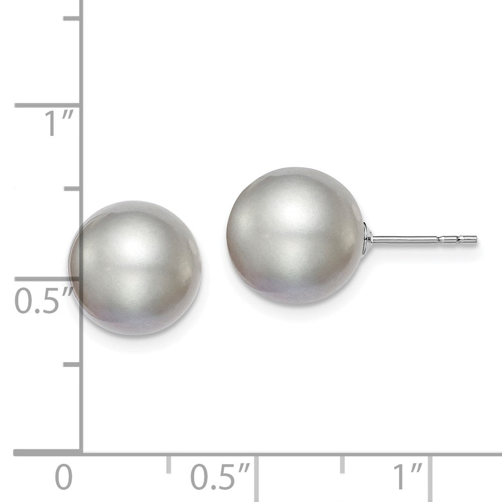 QE12717 Sterling Silver Rhodium-plated 10-11mm Grey Round Freshwater Cultured Pearl Post Earring