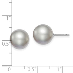 QE12717 Sterling Silver Rhodium-plated 10-11mm Grey Round Freshwater Cultured Pearl Post Earring
