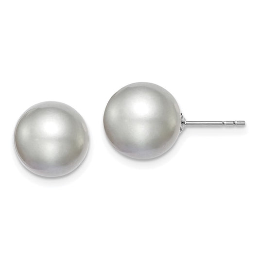 QE12717 Sterling Silver Rhodium-plated 10-11mm Grey Round Freshwater Cultured Pearl Post Earring