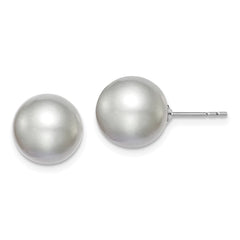 QE12717 Sterling Silver Rhodium-plated 10-11mm Grey Round Freshwater Cultured Pearl Post Earring