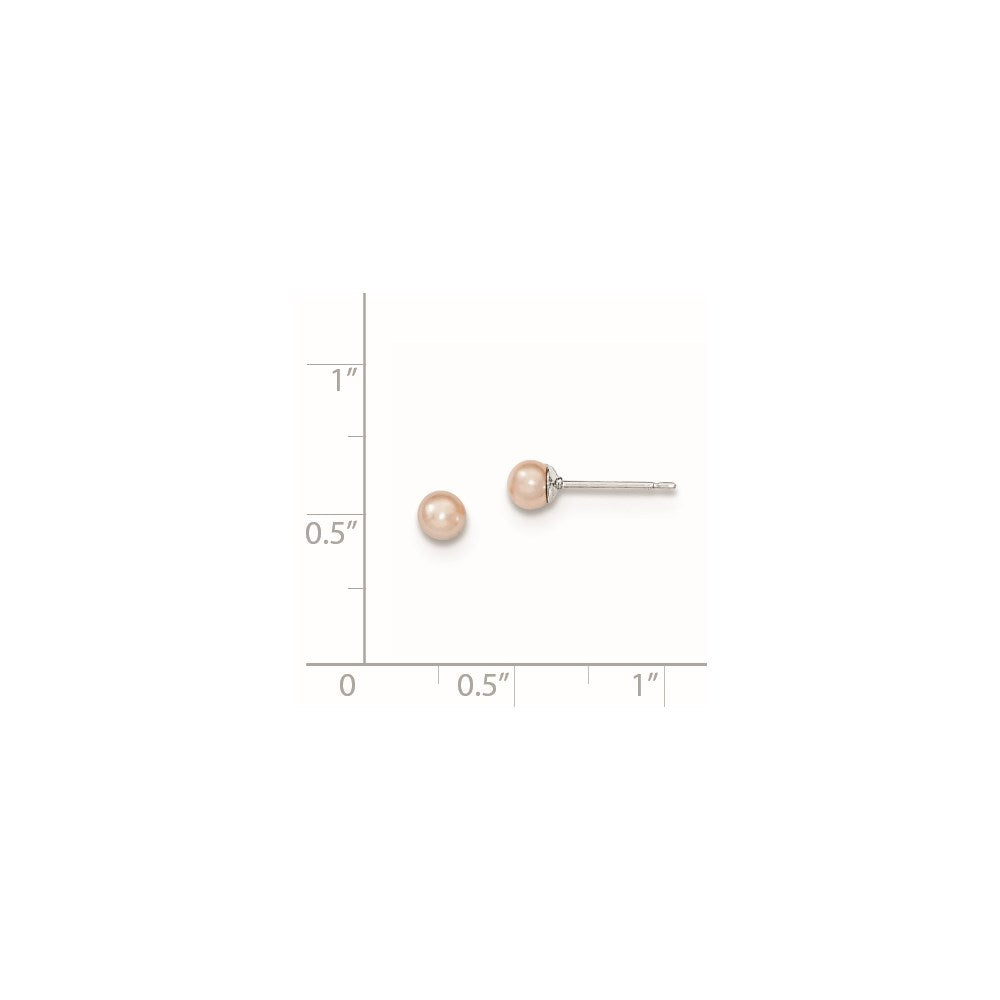 QE12718 Sterling Silver Rhodium-plated 3-4mm Pink Round Freshwater Cultured Pearl Post Earrings