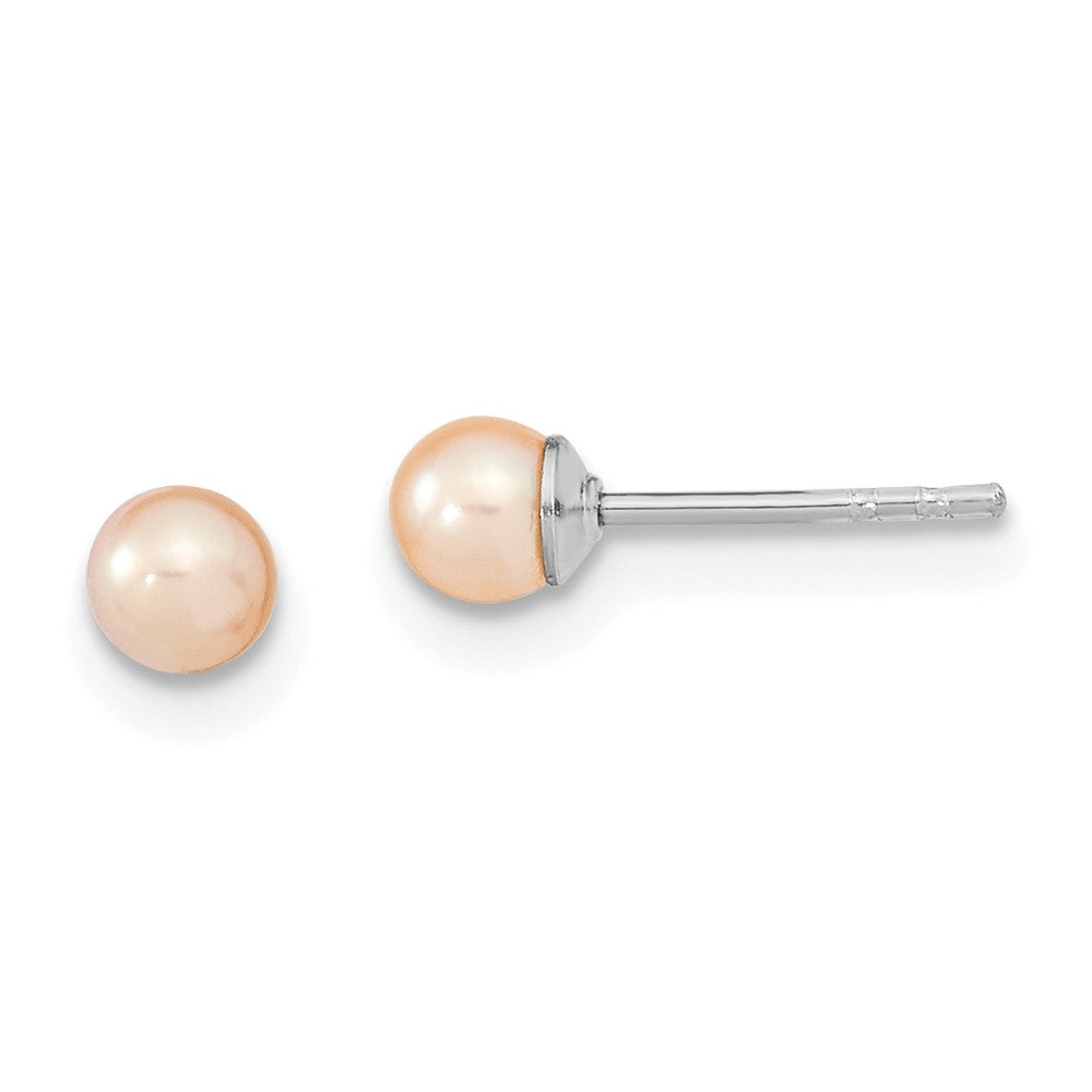 QE12718 Sterling Silver Rhodium-plated 3-4mm Pink Round Freshwater Cultured Pearl Post Earrings